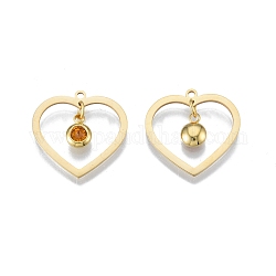 201 Stainless Steel Pendants, with Rhinestone, Heart with Flat Round, Real 18K Gold Plated, Topaz, 23x24x1mm, Hole: 1.6mm