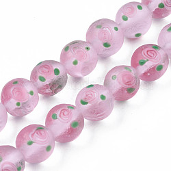 Chapelets de perles vernissées mates manuelles, ronde avec des fleurs, rose, 11~12mm, Trou: 1.4mm, Environ 45 pcs/chapelet, 19.69 pouce (50 cm)