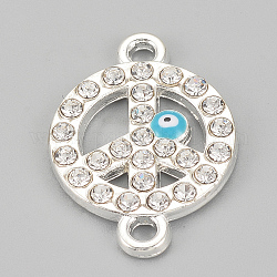 Alloy Rhinestone Links connectors, Cadmium Free & Lead Free, Flat Round with Peace Sign and Evil Eye, Sky Blue, Silver Color Plated, 22.5x16x2mm, Hole: 1.5mm