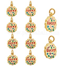 10Pcs 2 Colors Rack Plating Alloy Enamel Pendants, Long-Lasting Plated, Matte Style, Cadmium Free & Nickel Free & Lead Free, with Jump Rings, Flower with Word Lucky, Mixed Color, 16x13.5x2mm, Jump Ring: 6mm in diameter, 1mm thick, Inner Diameter: 4mm, 5pcs/color