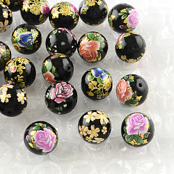 Rosenblumenmuster runden Glasperlen gedruckt, Mischfarbe, 10x9 mm, Bohrung: 1.5 mm