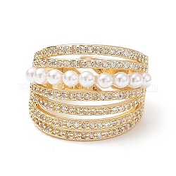 Adjustable Brass Micro Pave Clear Cubic Zirconia Cuff Rings, Open Rings, with Acrylic Pearl, Long-Lasting Plated, Golden, Size 7, 17mm