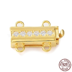 925 Sterling Silver Micro Pave Clear Cubic Zirconia Box Clasps, 2-Strand, 4-Hole, Rectangle, with 925 Stamp, Real 18K Gold Plated, 14x9.5x3mm, Hole: 1.2mm