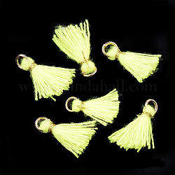 Décorations pendentif pompon en polycoton (coton polyester), mini pompon, avec des accessoires en fer et cordon métallique, or clair, jaune vert, 10~15x2~3mm, Trou: 1.5mm