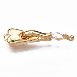Brass Micro Pave Clear Cubic Zirconia Hook Clasps, Nickel Free, Heart, Real 18K Gold Plated, 29mm long, Clasps: 27x7x3mm, Hole: 1.2mm, Heart: 15x7x5mm, Hole: 1.6mm