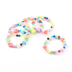Acrylic Kids Bracelets Sets, Stretch Beaded Bracelets, with Mixed Shapes Plastic Beads, Colorful, Inner Diameter: 1-3/4 inch(4.3cm), 5pcs/set