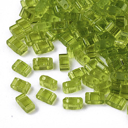2 trous perles de rocaille de verre, couleurs transparentes, rectangle, vert jaune, 4.5~5.5x2x2~2.5mm, Trou: 0.5~0.8mm