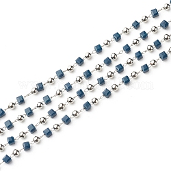 Chaînes de perles de verre faites à la main de 3.28 pied, soudé, avec les accessoires en laiton, Plaqué longue durée, Platine plaqué réel, cube, bleu de Prusse, 3~3.2x3~3.2x3~3.2, 3mm