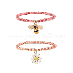 Ensemble de bracelets extensibles en perles de verre 2pcs, alliage émail abeilles et bracelet à breloques fleurs pour femme, rouge, diamètre intérieur: 2-1/8~2-1/4 pouce (5.5~5.6 cm), 1pc / style