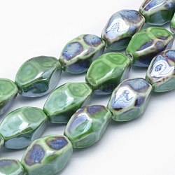 Perle di porcellana ecologiche fatte a mano, riso sfaccettato, verde lime, 26x16~17x15~16mm, Foro: 3 mm