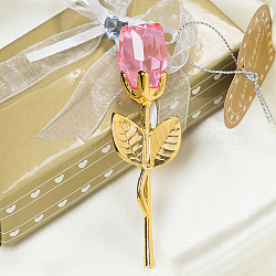 Роза из хрустального стекла с металлической веткой цветка стержня, подарок на свадьбу подарок на день святого валентина, золотые, розовый жемчуг, 90x30x20 мм