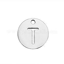 201 Stainless Steel Charms, Flat Round with Letter, Stainless Steel Color, Letter.T, 12x1mm, Hole: 1.5mm