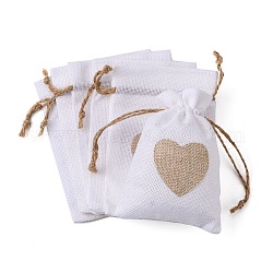 Sacchetti di imballaggio tela, borse coulisse, rettangolo con il cuore, bianco, 14.2~14.5x10cm