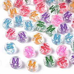 Perles acryliques transparentes transparentes, trou horizontal, plat rond avec lettre de couleurs mélangées, letter.m, 7x3.5mm, Trou: 1.2mm, environ 3700 pcs/500 g
