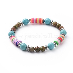 Stretch Bracelets, with Natural Unakite & Synthetic Turquoise Beads, Polymer Clay Heishi Beads and Alloy Spacer Beads, 2-1/8 inch(5.4cm)