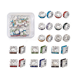 Perles séparateurs en laiton avec strass, couleur argentée, carré & rondelle, couleur mixte, 100 pcs / boîte