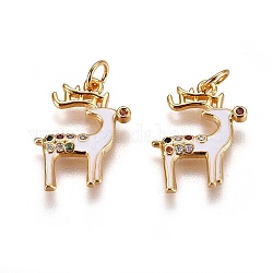 Brass Micro Pave Cubic Zirconia Pendants, with Enamel and Jump Ring, Christmas Reindeer/Stag, White, Golden, 18x14x2mm, Hole: 3mm