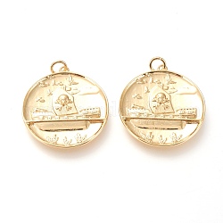Brass Pendants, with Jump Rings, Long-Lasting Plated, Flat Round with Pirate Ship, Real 18K Gold Plated, 27.3x25.2x2.6mm, Jump Ring: 5x0.8mm, Inner Diameter: 3.4mm