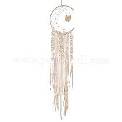 Moon and Owl Woven Net/Web with Macrame Cotton Wall Hanging Decorations, with Wood Pendant, for Garden, Wedding, Lighting Ornament, Owl Pattern, 850mm