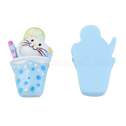Opaque Resin Cabochons, Cat with Cup, Light Sky Blue, 32x19x6.5mm