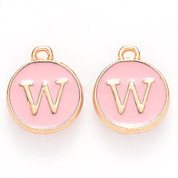Golden Plated Alloy Enamel Charms, Cadmium Free & Lead Free, Enamelled Sequins, Flat Round with Letter, Pink, Letter.W, 14x12x2mm, Hole: 1.5mm