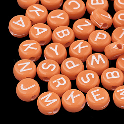 Perline acrilico opaco, foro orizzontale, lettere misti, piatta e rotonda con la lettera, lettere casuali, arancione scuro, 7x4mm, Foro: 1.5 mm, circa 3700pcs/500g