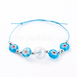 Bracelets réglables en perles de verre millefiori faits à la main, avec des billes de verre, fil de nylon et perles en laiton, platine, lumière bleu ciel, diamètre intérieur: 2 pouce (5 cm)