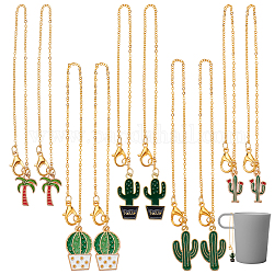 10 Stück 5 Stil Legierung Emaille Weinglas Charms, mit Karabinerverschlüssen aus Zinklegierung und Kabelketten aus Messing, Kaktus/Kokosnussbaum, golden, 21.5~22.3 cm, 2pcs / style