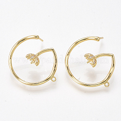 Brass Cubic Zirconia Stud Earring Findings, Half Hoop Earrings, with Loop, For Half Drilled Beads, Flower, Clear, Nickel Free, Real 18K Gold Plated, 21.5x19mm, Hole: 1mm, Pin: 0.8mm