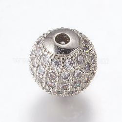 Perline zirconi micro pave  in ottone, tondo, platino, chiaro, 10mm, Foro: 2 mm