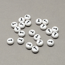 Weiße und schwarze Acryl-Buchstabenperlen mit horizontalem Loch, flach rund mit letter.t, 7x4 mm, Bohrung: 1.3 mm, ca. 3600 Stk. / 500 g