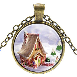 Weihnachtsthema Glas Anhänger Halsketten, mit Legierung-Zubehör, flach rund mit Haus, Antik Bronze, 17.7 Zoll (45 cm), Anhänger: 27 mm