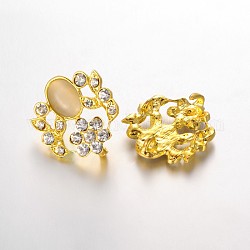 Goldüberzogene Blumen-Legierung Multi-Strang Verbinder mit mehreren Strasssteinen, mit Katzenaugen-Cabochons, Kristall, 32.5x29x4.5 mm, Bohrung: 3 mm