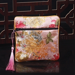 Square Chinese Style Cloth Tassel Bags, with Zipper, for Bracelet, Necklace, Pink, 11.5x11.5cm