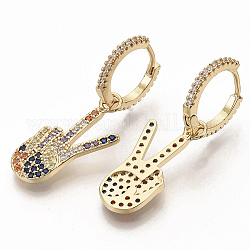 Brass Micro Pave Colorful Cubic Zirconia Dangle Hoop Earrings, Gesture for Win, Real 16K Gold Plated, 38mm, Pin: 1.2x0.7mm