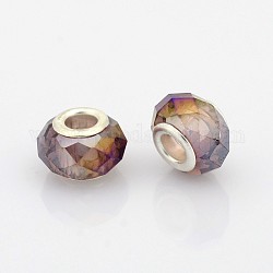 AB Color Plated Glass European Beads, Large Hole Rondelle Beads, with Silver Color Plated Brass Cores, Faceted, Purple, 14x9mm, Hole: 5mm