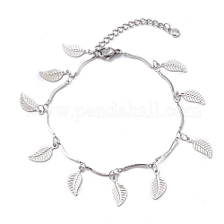 304 Stainless Steel Leaf Charm Bracelets, with Bar Link Chains, Stainless Steel Color, 7-1/2 inch(19cm)