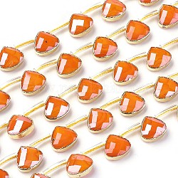 Opache perle di vetro fili, perline forate, con i risultati in ottone tono oro, lustro di perla placcato, sfaccettato, lacrima, arancione scuro, 12x13x6mm, Foro: 1 mm, circa 10pcs/filo, 7.16 pollice (18.2 cm)