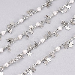 3.28 Feet Handmade Brass Beaded Chains, with Brass Charms, Glass Imitation Pearl, Soldered, Long-Lasting Plated, Star, White, Platinum, 10.5x3.2x3mm, 3.5x2.5x0.3mm