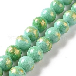 Chapelets de perles de jade naturel, une feuille d'or, teinte, ronde, vert clair, 8mm, Trou: 1mm, Environ 50 pcs/chapelet, 15.75 pouce (40 cm)