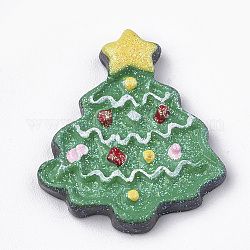 Undurchsichtigen Cabochons, mit Glitzerpulver, Weihnachtsbäume, grün, 24.5x21x3 mm
