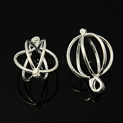 Brass Cage Pendants, Hollow, Round, Silver, about 27mm long, 18.5mm wide, 17mm thick, hole: 3x4mm