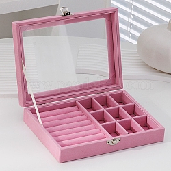 Прямоугольные бархатные коробки-органайзеры для ювелирных изделий, прозрачный видимый футляр для колец, серьги, ожерелья, ярко-розовый, 20x15x5 см