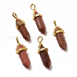 Synthetic Goldstone Pendants, Faceted, with Golden Tone Brass Findings, Lead free & Cadmium Free, Bullet, 27~30x9~10x7~8mm, Hole: 4x3mm