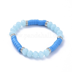 Bracelets élastiques, avec des perles heishi en pâte polymère, perles de verre à facettes imitation jade et perles de strass en laiton, lumière bleu ciel, diamètre intérieur: 2-1/4 pouce (5.7 cm)