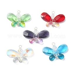 5Pcs 5 Color Glass Pendants, with Copper Wire Copper Wire Wrap Findings, Butterfly Charms, Mixed Color, 21~21.5x29~30x6mm, Hole: 2mm, 1Pc/clor