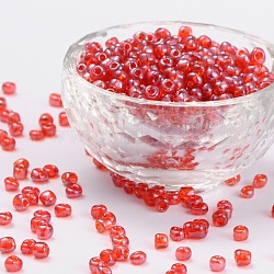 (service de remballage disponible) perles de rocaille en verre, trans. couleurs lustered, ronde, rouge, 6/0, 4mm, Trou: 1.5mm, environ 12 g /sachet 