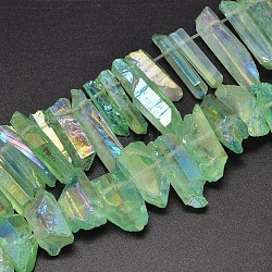 Elettrodeposte quarzo naturale perline di cristallo fili, pepite, forma zanna, ab colore, tinto, verde chiaro, 7~15x18~60mm, Foro: 1 mm, circa 46pcs/filo, 16 pollice