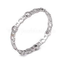 Bracelet rond plat à charnière avec zircone cubique transparente, 304 jonc creux en acier inoxydable pour femme, couleur inoxydable, diamètre intérieur: 2-1/4 pouce (5.7 cm) x 1-7/8 pouces (4.8 cm)