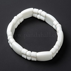 Bracciali elastici in perle di vetro opaco, Rettangolo e rotondo, bianco, diametro interno: 2-1/8 pollice (5.4 cm)